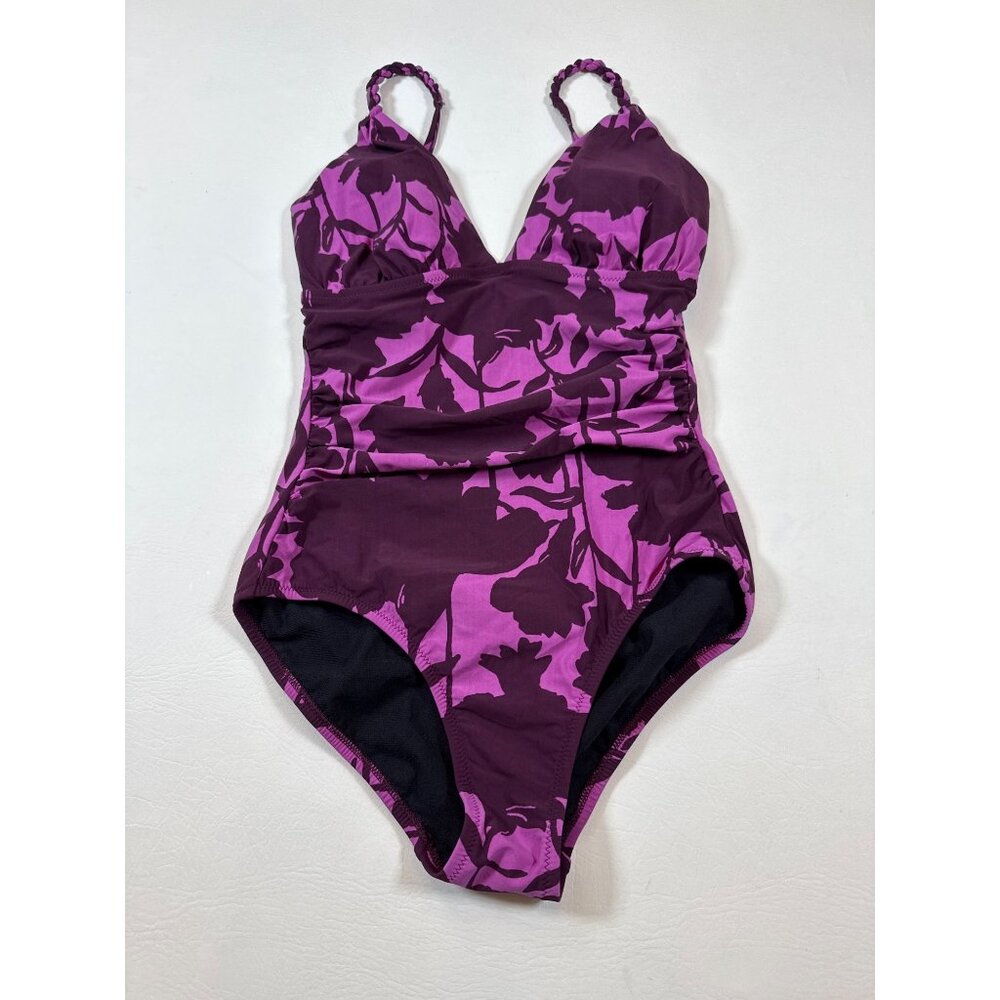 Lands End Purple maroon Floral One-Piece Swimsuit Sz 6 Adjustable Straps (Y274)